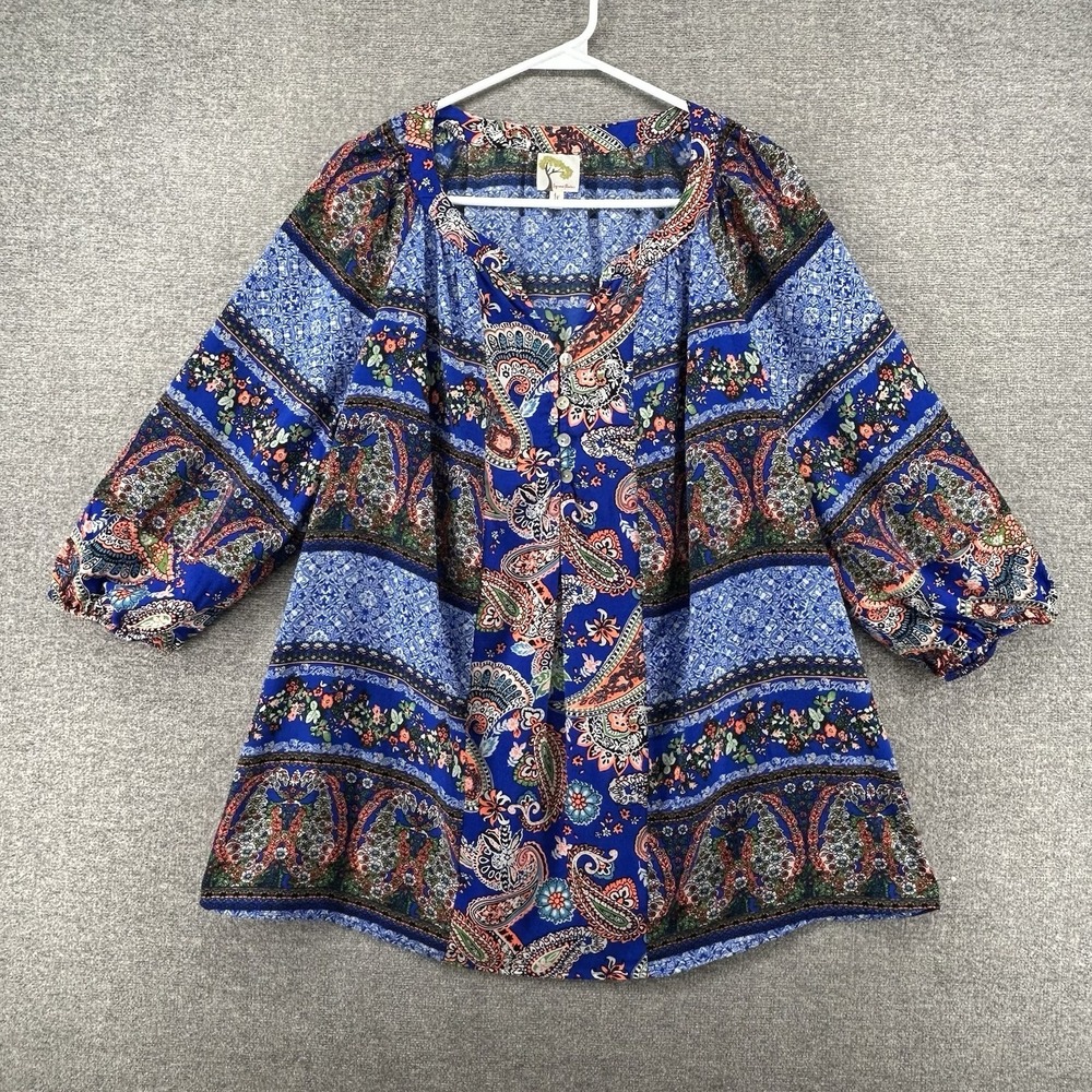 Fig And Flower 3/4 Sleeve Tunic Top Women Size 1X Multi Color Bohemian Paisley